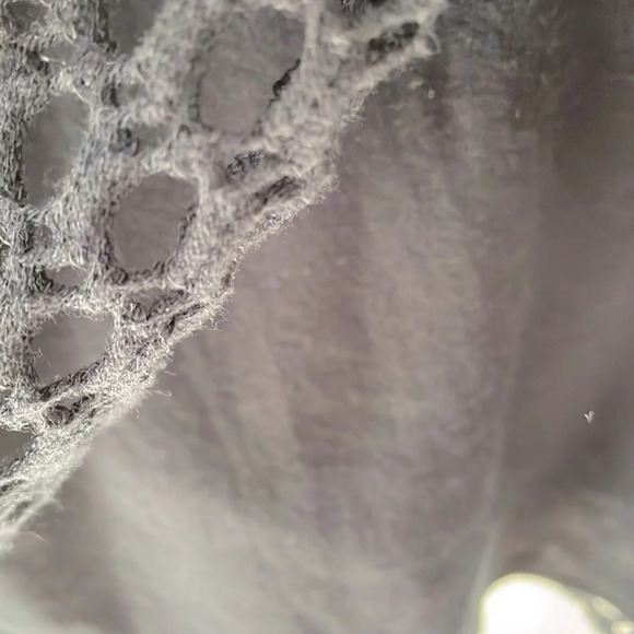 Pete S Black crocheted mini dress w/drawstring waist, bell sleeves, scoop neck. - Picture 7 of 8